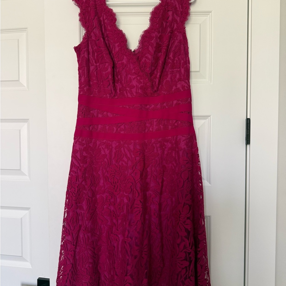 Tadashi Shoji Fuchsia Lace V-Neck Midi Dress